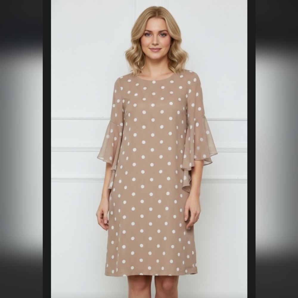 Cato Tan and White Polka Dot Long Sleeve Dress
